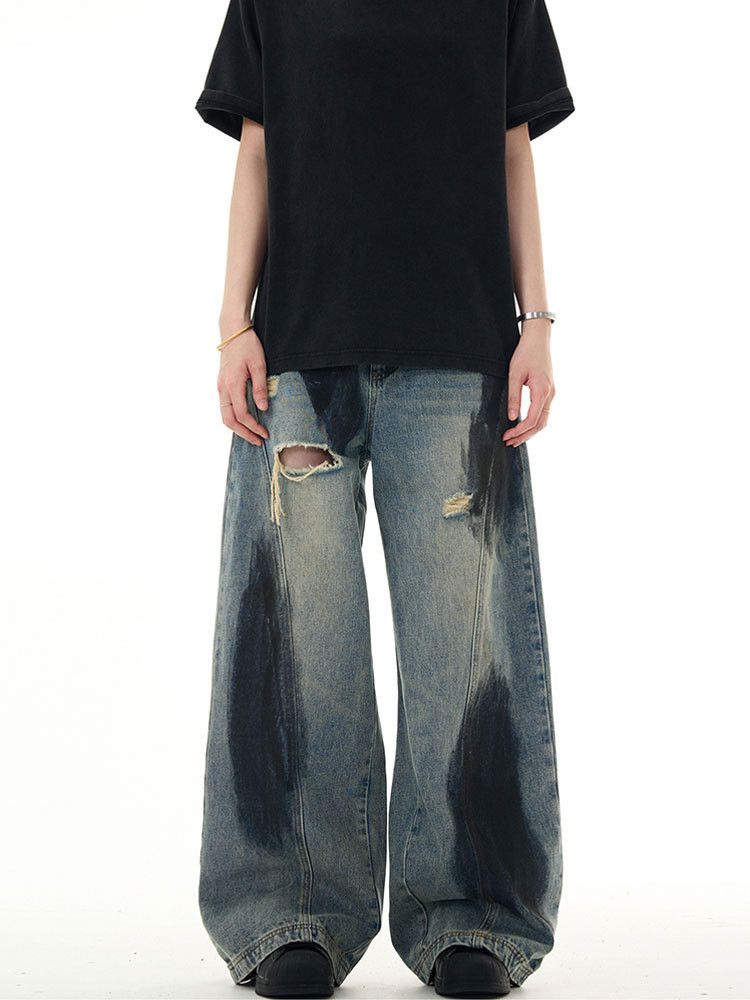 Japanese Brand × Jean Washed distressed ink-splashed loose wide-leg ripped jeans Size US 32 / EU 48 - 2 Thumbnail
