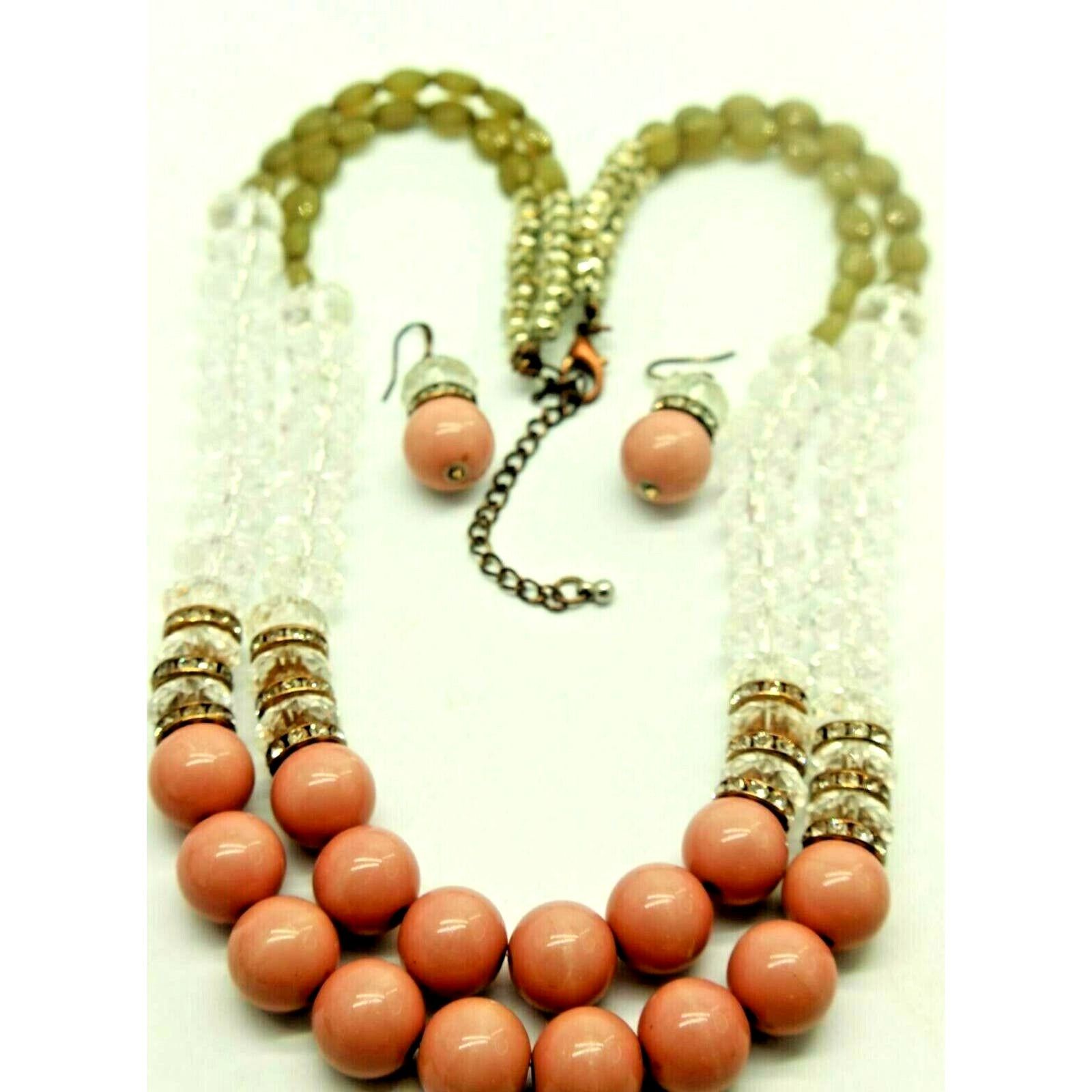 Other Mid Century Pink Green Clear Necklace Earring Set • 24" Size ONE SIZE - 1 Thumbnail