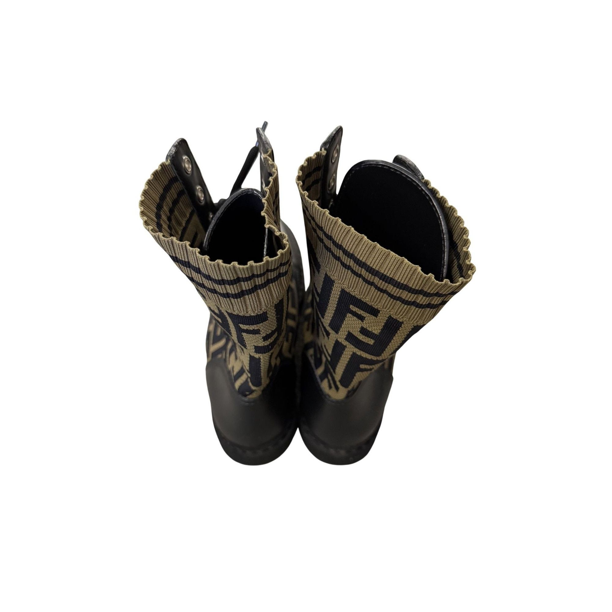 Fendi Fendi FF Logo Print Black Leather & Knit Lace-Up Combat Boot Size US 9 / IT 39 - 2 Thumbnail