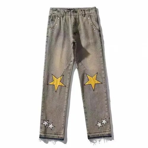 image of Retro Yellow Mud Color Design Star Embroidered Jeans, Men's (Size 32)