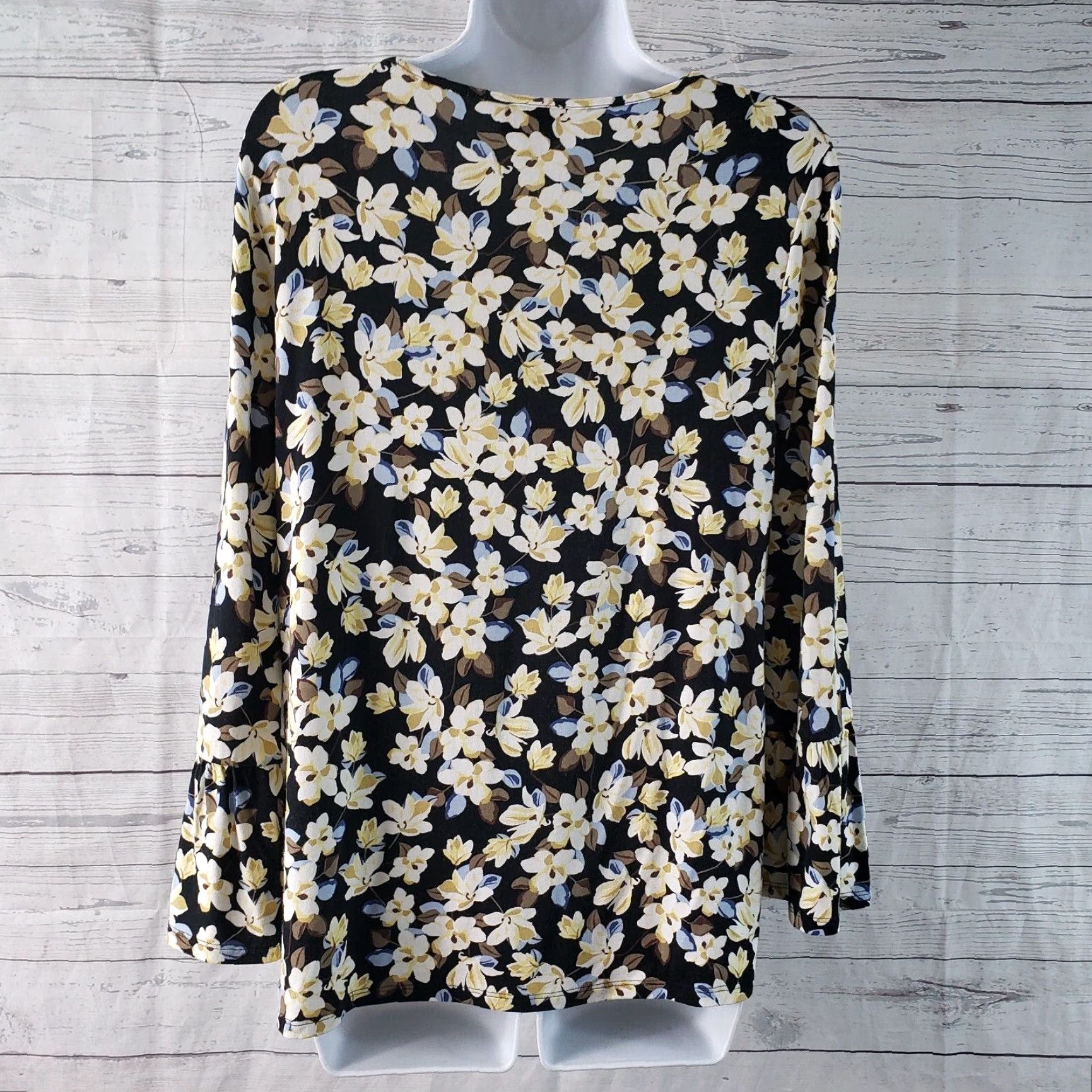J. Jill J Jill Wearever Collection Womens Top XS Black Floral Bell Sleeve Blouse Shirt Size XS / US 0-2 / IT 36-38 - 4 Thumbnail