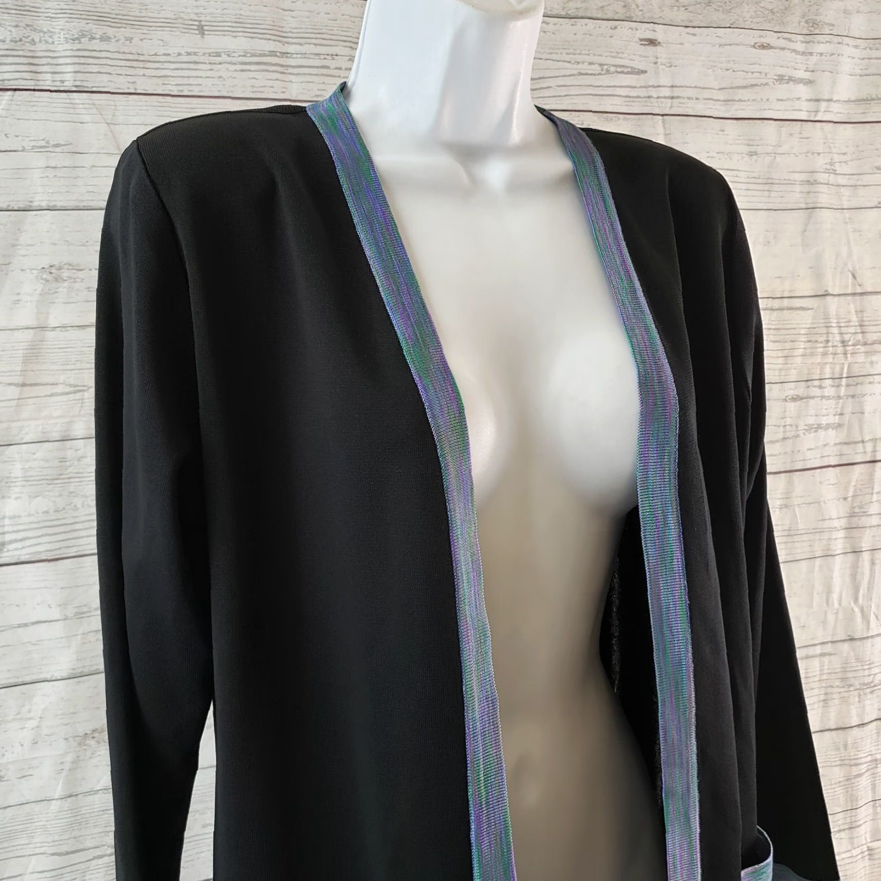 Vintage Misook Womens Cardigan Sz XSP Black Blue Open Front Pockets Exclusively Size XS / US 0-2 / IT 36-38 - 2 Thumbnail