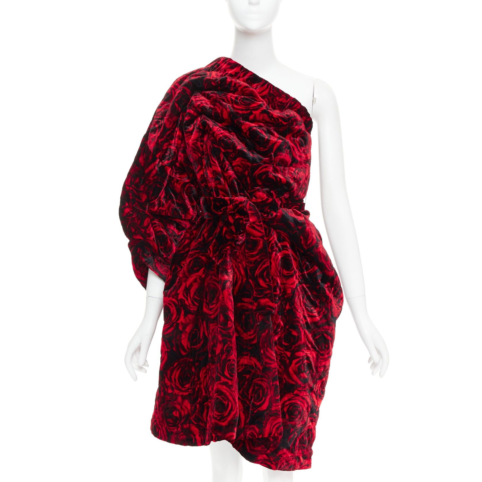 Dries Van Noten DRIES VAN NOTEN Runway Delta red rose print velvet quilted one shoulder dress FR38 M Size M / US 6-8 / IT 42-44 - 1 Thumbnail
