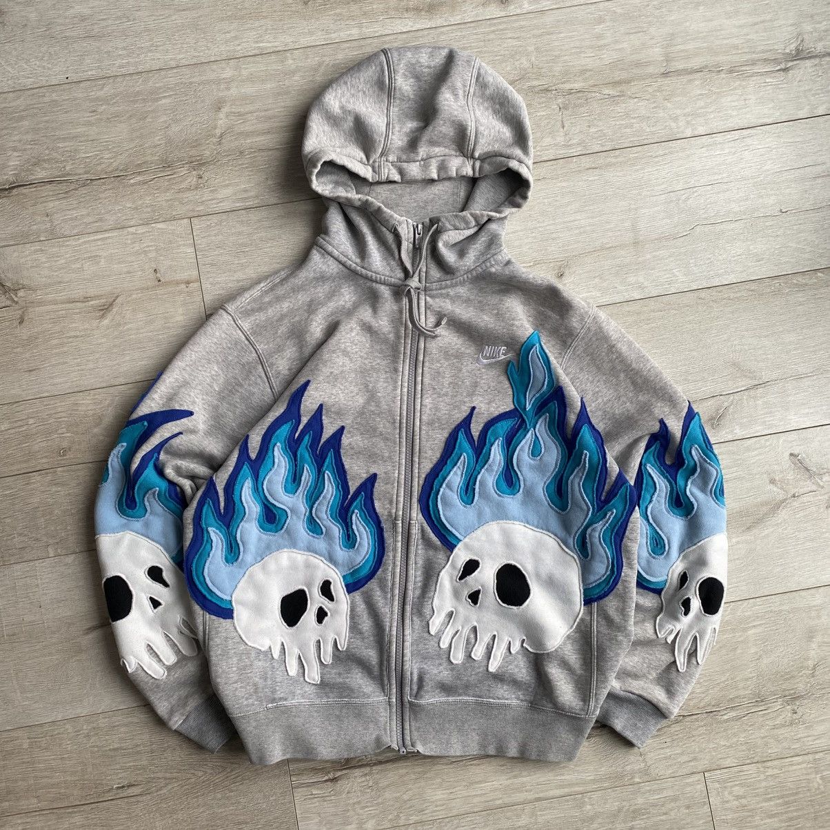 Nike Reworked Nike Burning Skulls Zip Up Custom Hoodie | Grailed