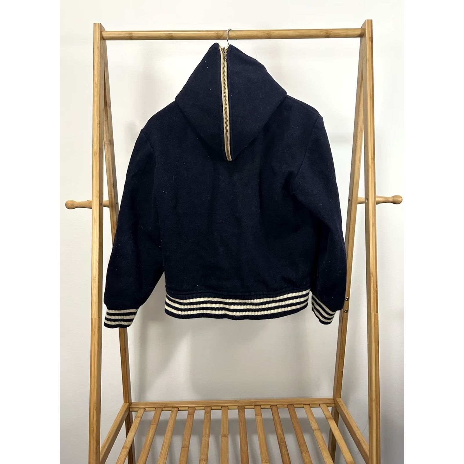 Vintage VTG 60s BLANK Striped Trim Split Hood Snap Button Varsity Wool Jacket M Women Blue Varsity Jacket Mens Women Boys Girls 60s? Size M / US 6-8 / IT 42-44 - 2 Thumbnail