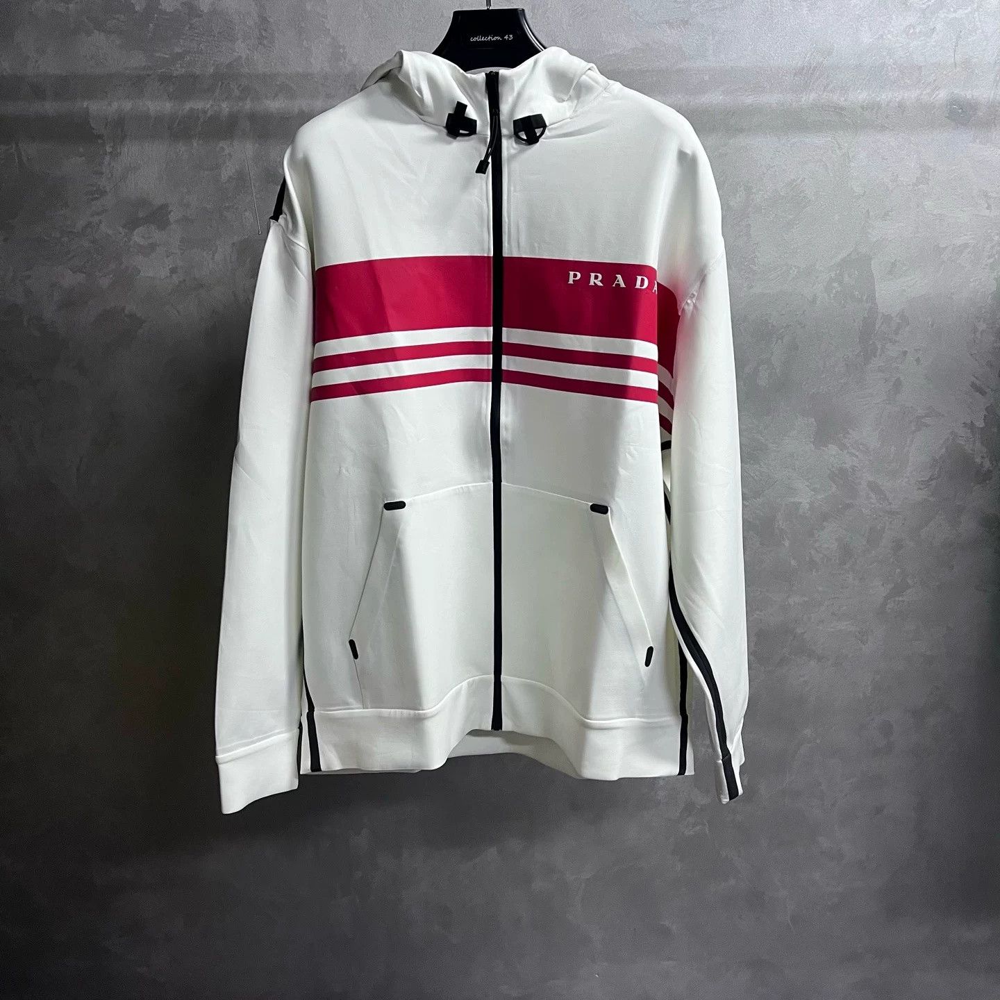 Prada Prada White Stripe Logo Zip Hooded Jacket Size US XXL / EU 58 / 5 - 1 Thumbnail