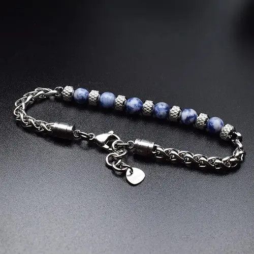Handmade 6mm Blue Stone Beads Stainless Steel Bracelet Size ONE SIZE - 2 Thumbnail
