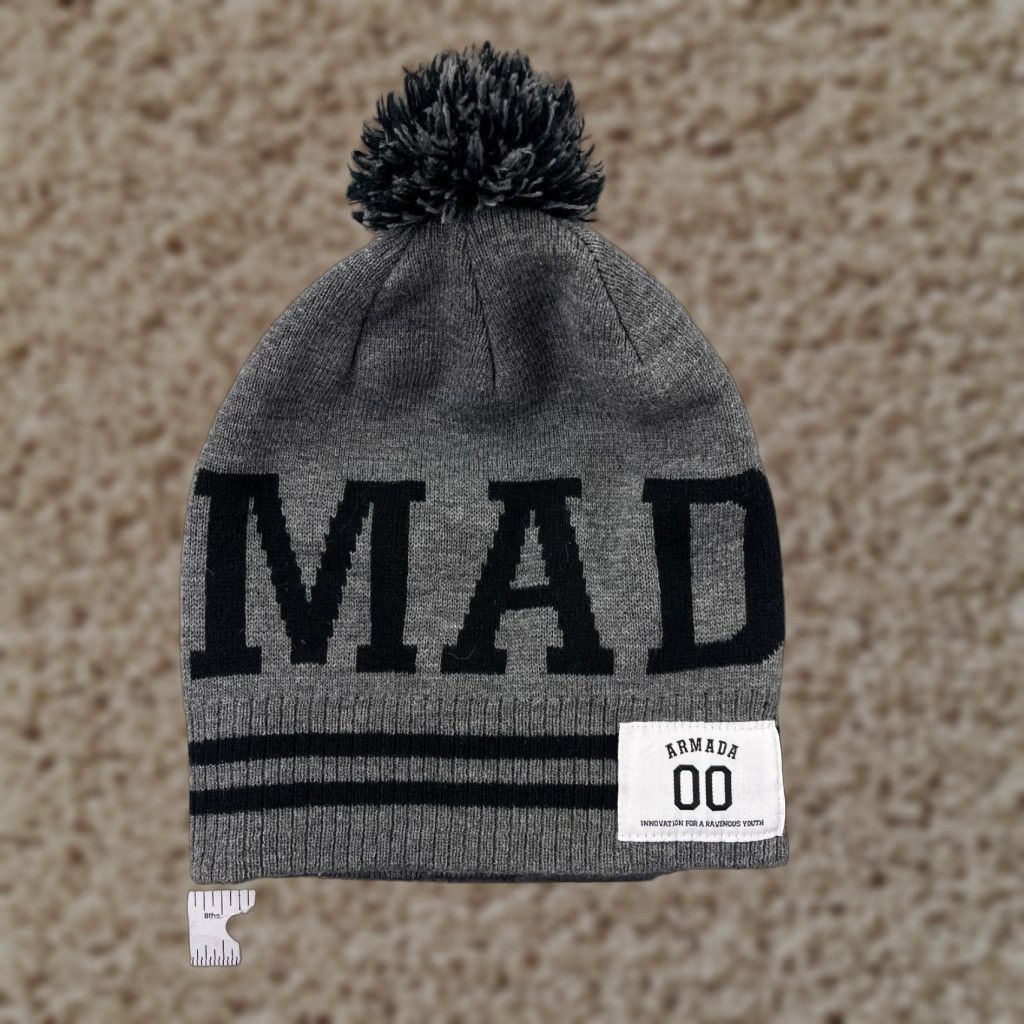 Vintage Armada Beanie Hat Adult One Size Gray Black Knit 100% Acrylic Pom Snow Striped Outdoor Ski Mens Size ONE SIZE - 1 Thumbnail