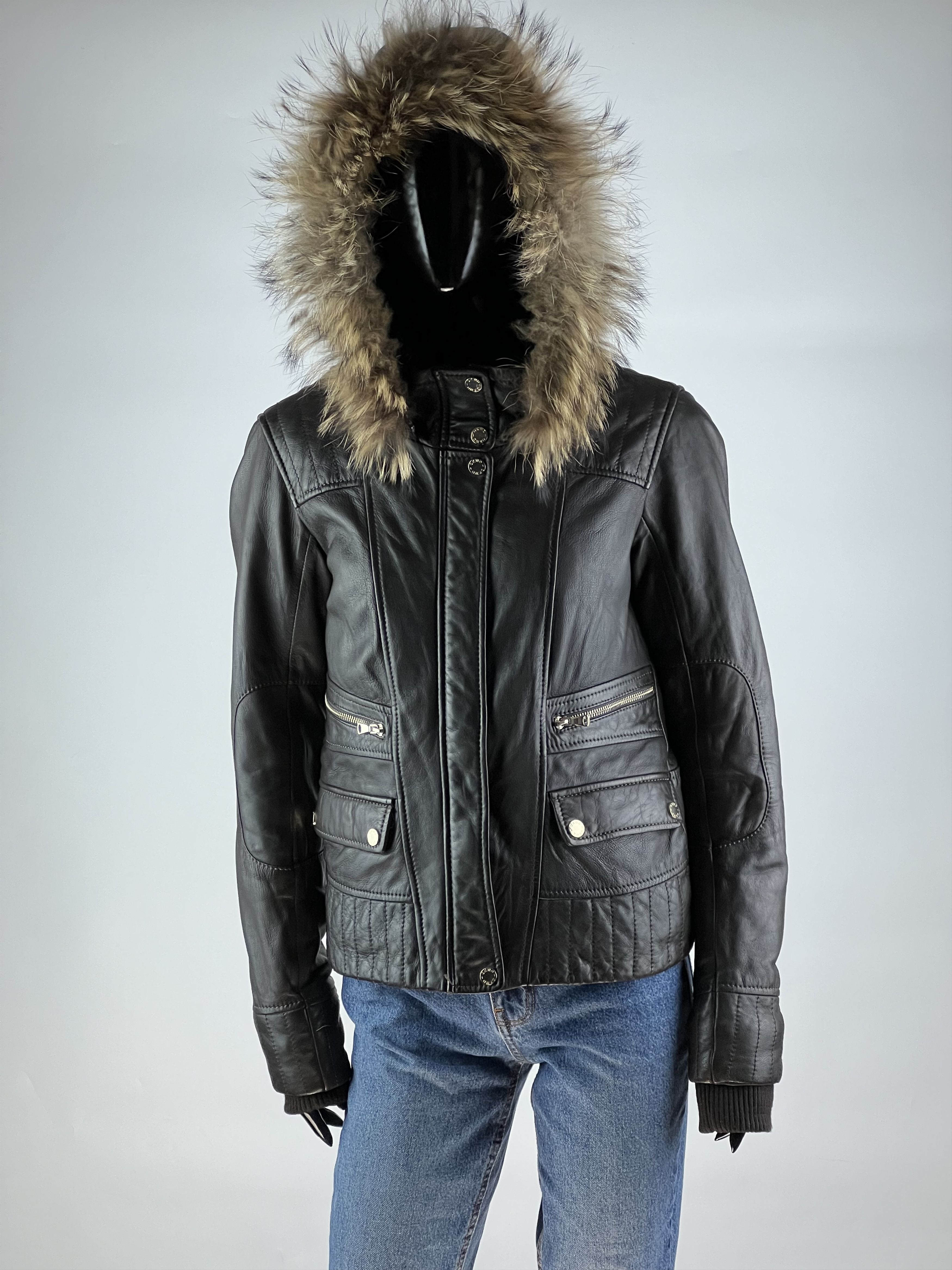 Designer Oakwood Women's Brown Hooded Leather Jacket Trim Fur Size S / US 4 / IT 40 - 1 Thumbnail