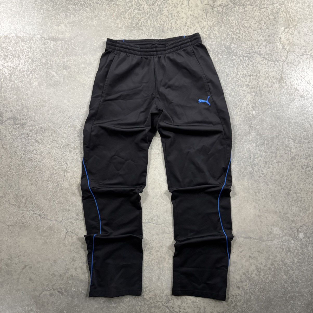 Vintage Puma Black Track Pants Blue Stripe Logo Fits 30