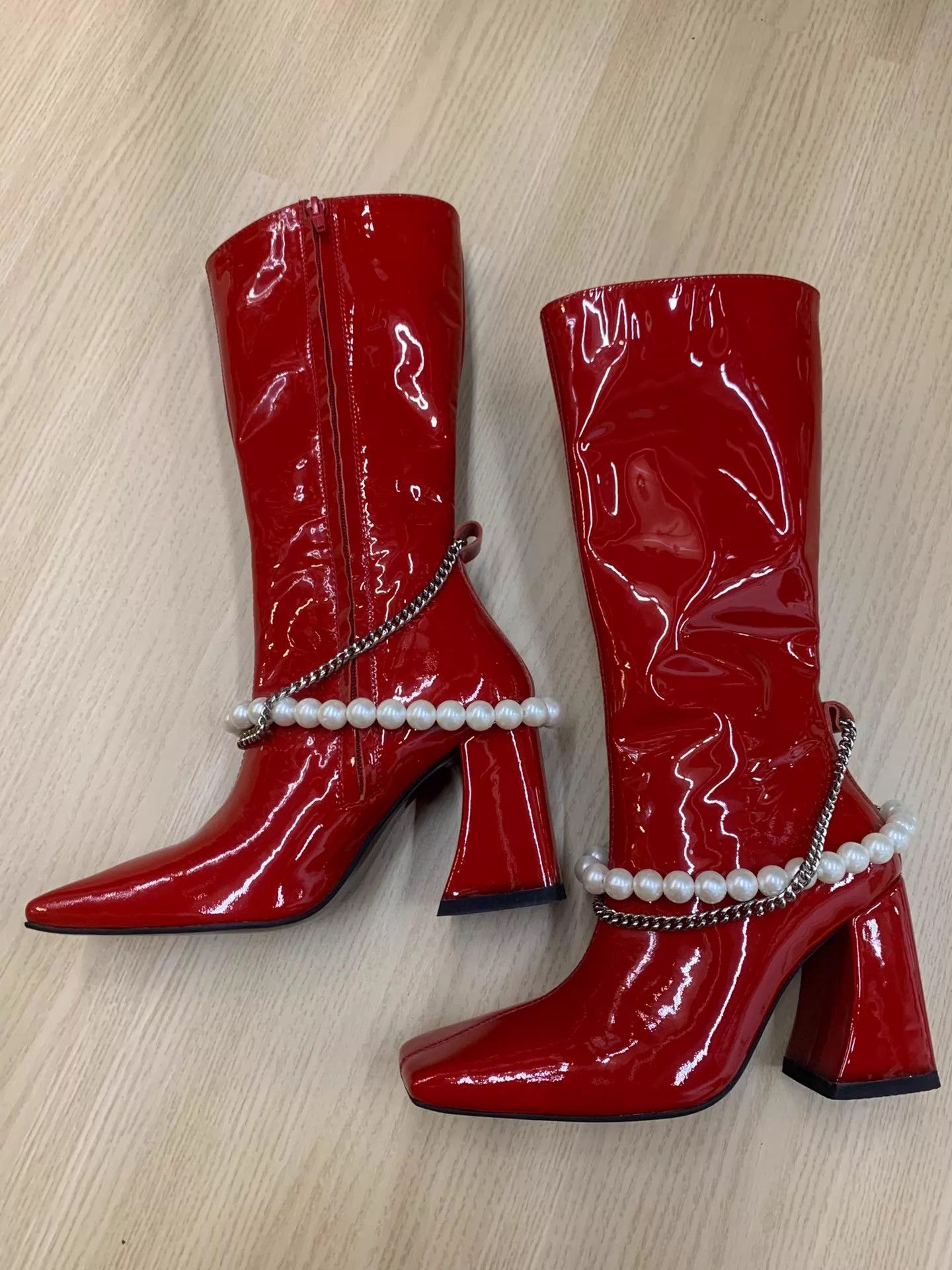 Other Nina Zarqua Red Pearl Chain Square Toe Riding Boot 37 Unworn Size US 6.5 / IT 36.5 - 1 Thumbnail
