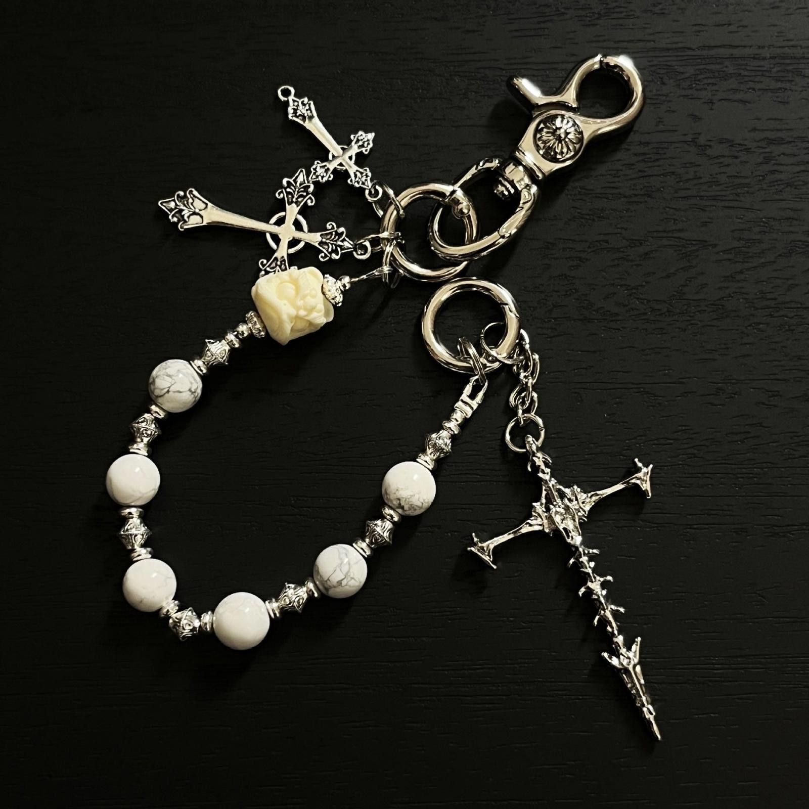 Jewelry Silver Cross Charm Keychains with Beaded Detail Size ONE SIZE - 4 Thumbnail