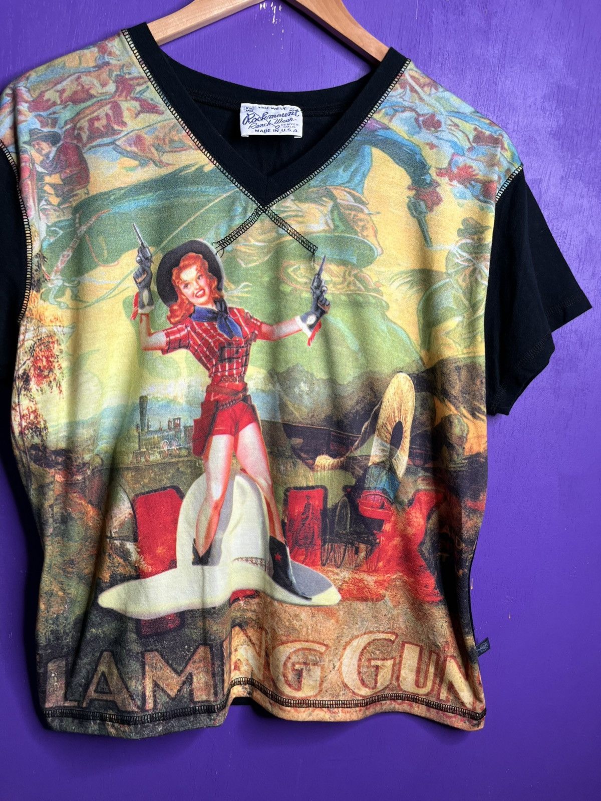 Vintage Vintage 80s Flaming gun Cowgirl AOP t-shirt Size US M / EU 48-50 / 2 - 3 Thumbnail