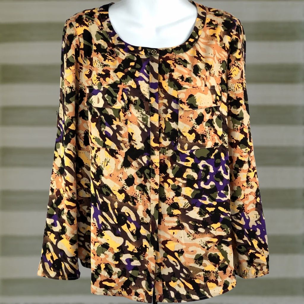 Anne Klein Anne Klein Blouse Shirt M Multicolor Geometric Long Sleeve Roll Tab Button Front Round Neck Women's Size M / US 6-8 / IT 42-44 - 1 Thumbnail