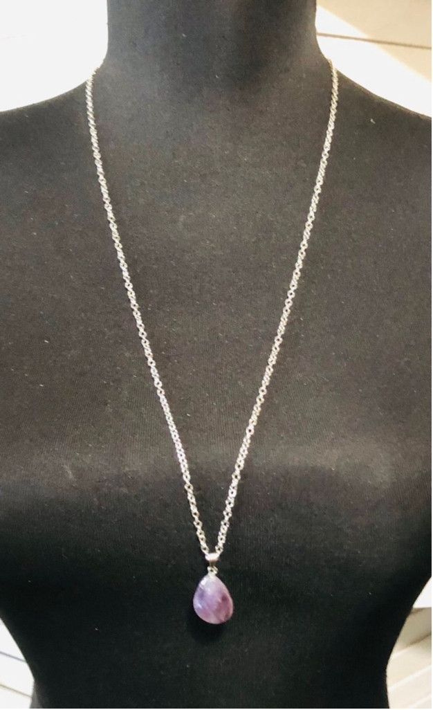 Vintage Genuine Stone Pendant Necklace Purple Silver Metal Chain Size ONE SIZE - 1 Thumbnail