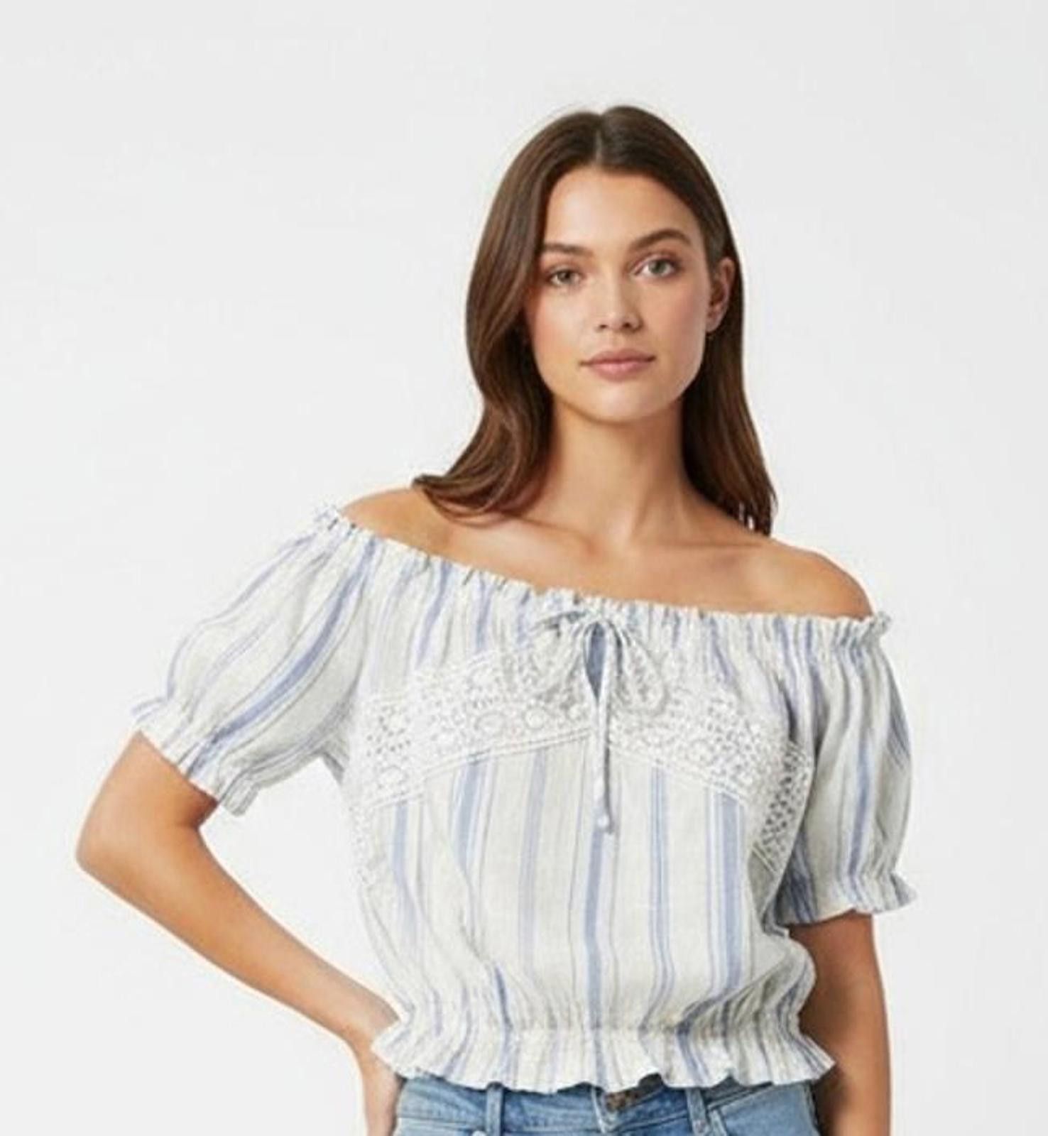Other Haute Monde Off Shoulder Blouse L Blue White Striped Lace Size L / US 10 / IT 46 - 2 Thumbnail