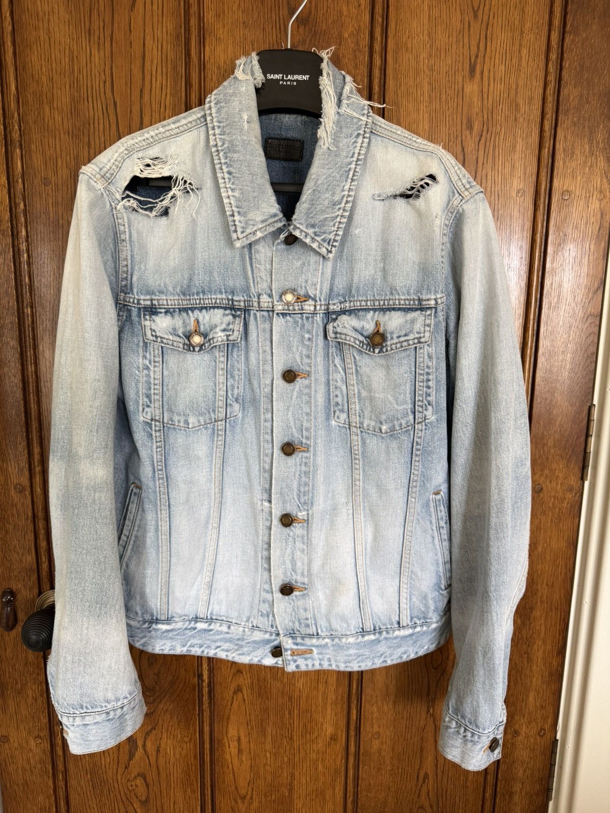 Saint Laurent Paris SS21 Saint Laurent denim trucker jacket crash thrashed grail Size US L / EU 52-54 / 3 - 1 Thumbnail