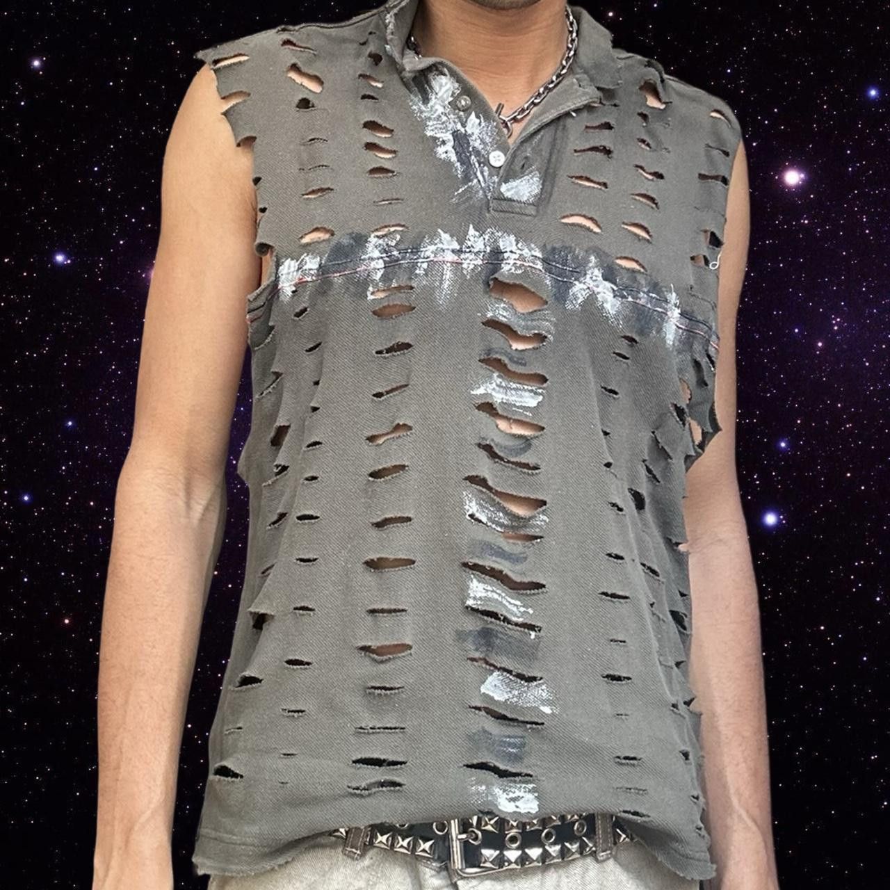 Other ASTROBOI* Grey Grunge Painted Sleeveless Polo - Large Size US L / EU 52-54 / 3 - 1 Thumbnail
