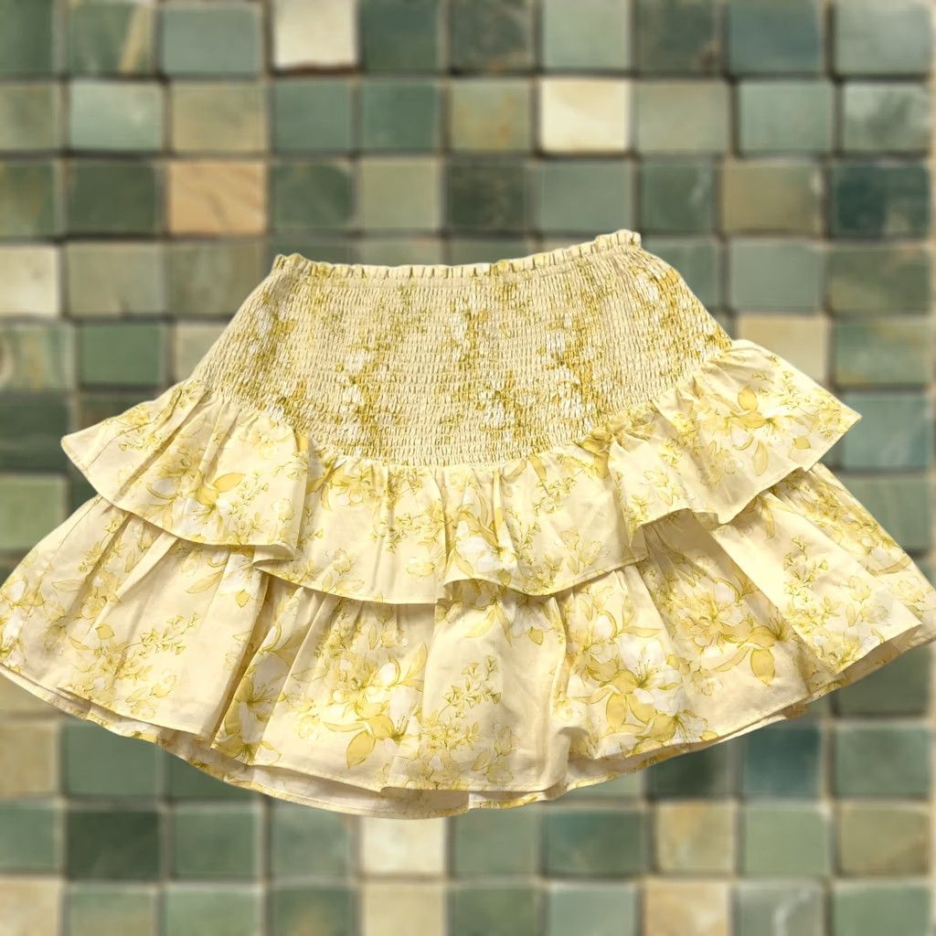Vintage INTERMIX Skirt (OS, 22In) Pull On Tiered All Over Print Yellow Mini Womens Short Size One Size May Wear 10.25? Size 42" / US 20 - 1 Thumbnail