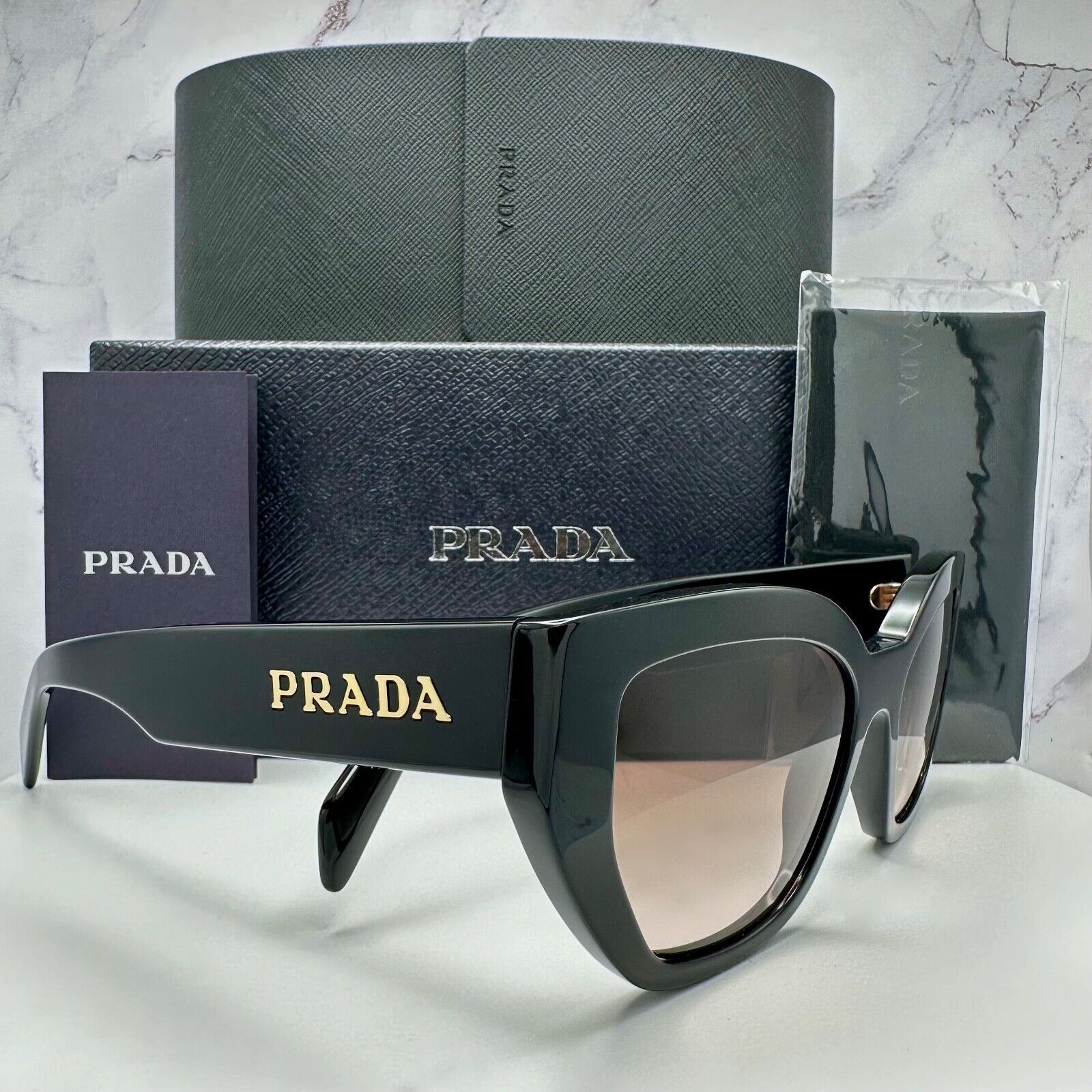 New Prada Black Sunglasses Cat Eye Gold PRADA Metal Logo