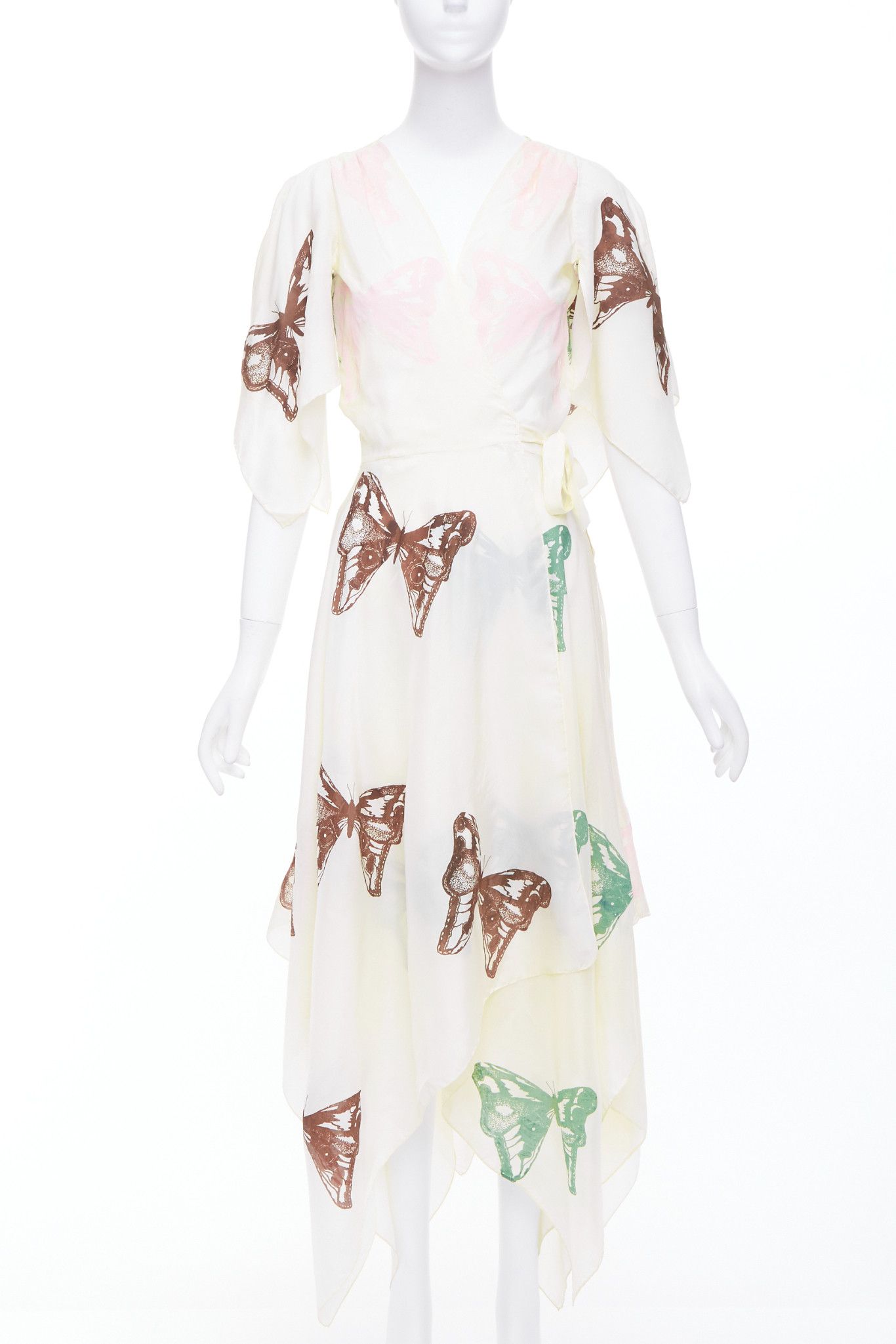 Jesse Kamm JESSE KAMM cream silk pink brown butterfly print flare wrap dress S Size S / US 4 / IT 40 - 1 Thumbnail