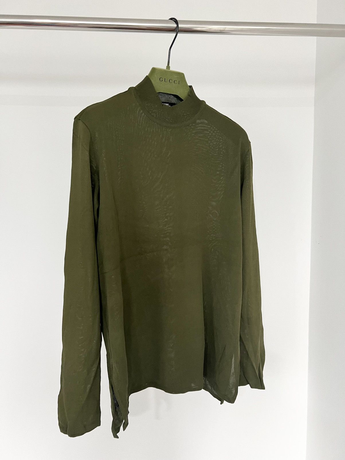 image of Archival Clothing x Issey Miyake Steve Jobs Mesh Green Sweater Mock Neck in Olive Green (Size Mediu