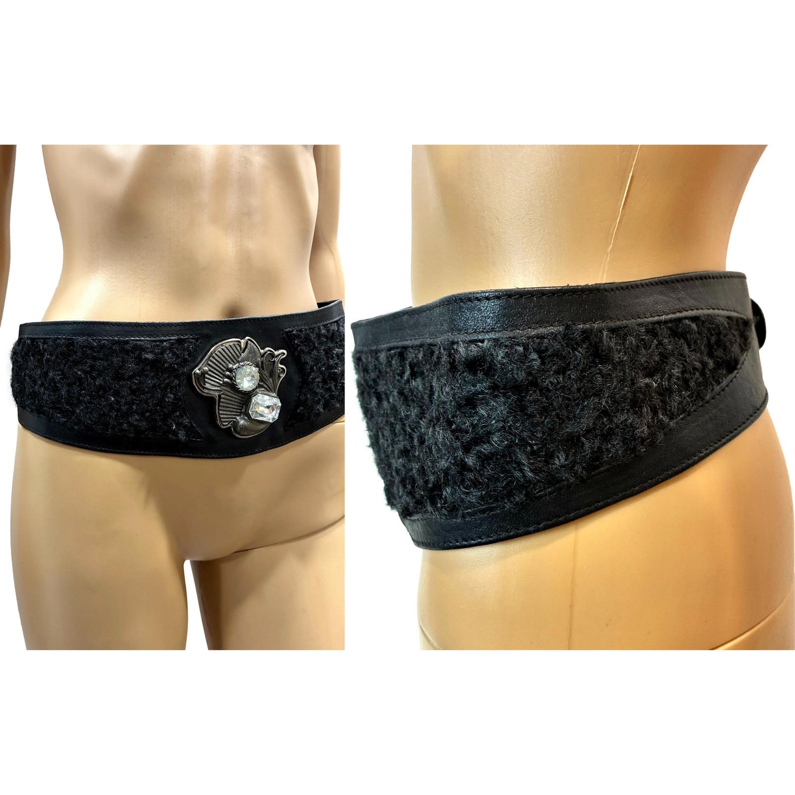 Genuine Leather × Vintage 80s GLAM Black Leather Persian Lamb Wide Waist Belt Size ONE SIZE - 8 Thumbnail