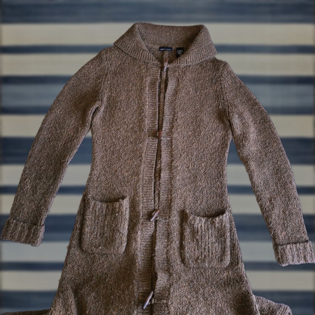 VINTAGE Moda International Maxi Full Length M Brown Wool Cardigan Duster Y2K 90s