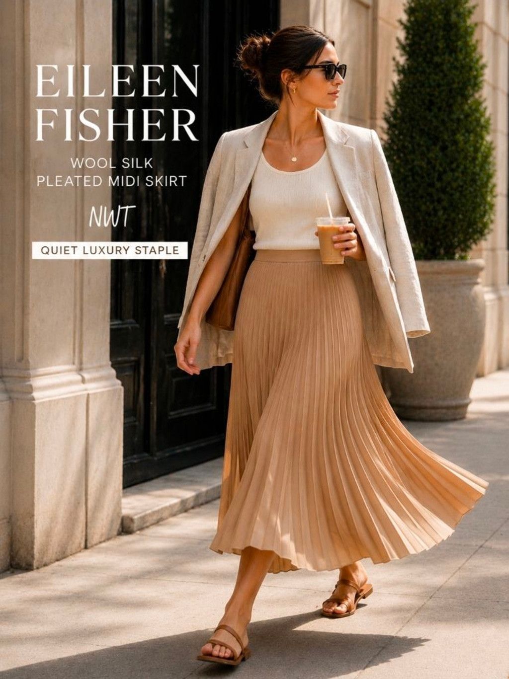 Eileen Fisher Eileen Fisher Pleated Midi Skirt Wool Silk Biscuit Tan Quiet Size 30" / US 8 / IT 44 - 1 Thumbnail