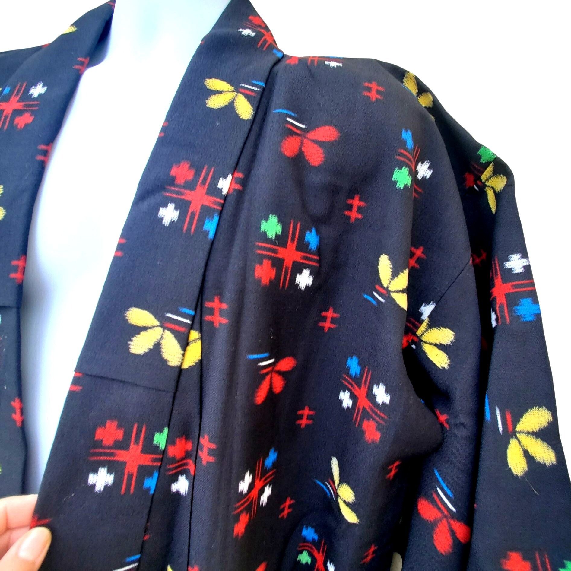 Handmade Vintage Black Kimono Abstract Floral Wool Blend Hand Stitche Size M / US 6-8 / IT 42-44 - 9 Thumbnail