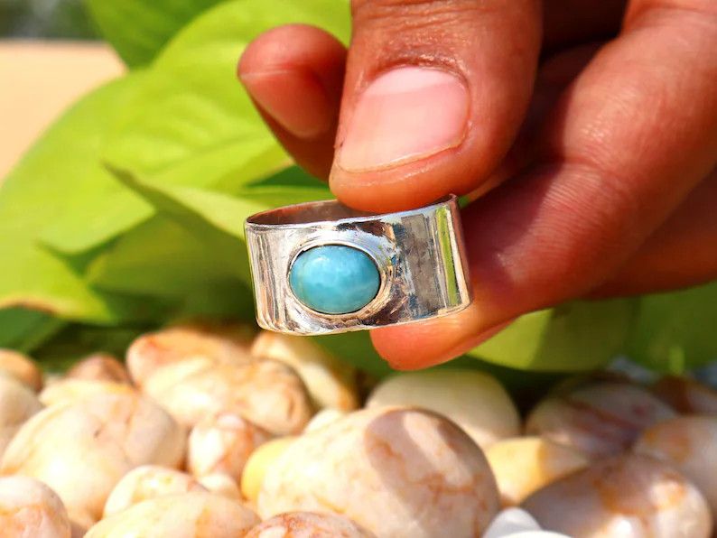 Handmade Larimar Ring, Handmade Band Ring, February Birthstone Gift Size ONE SIZE - 1 Thumbnail