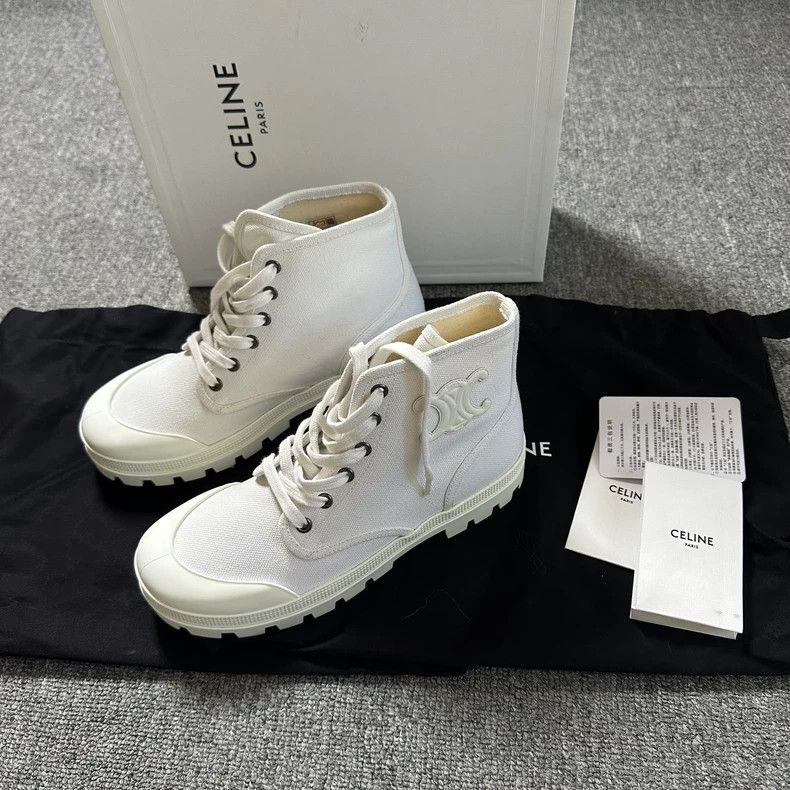 Celine CELINE Logo canvas lace-up sneakers small white booties ca Size US 7.5 / IT 37.5 - 1 Thumbnail