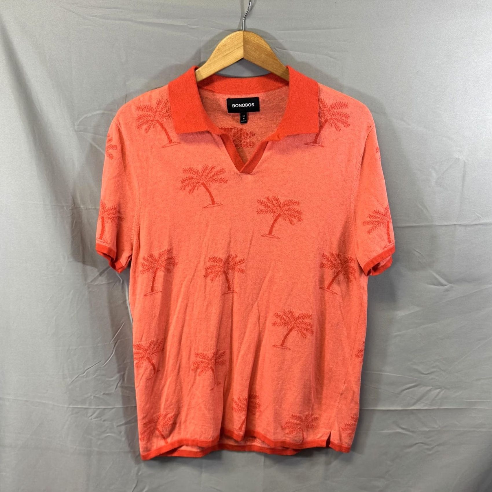 Bonobos Bonobos Polo Shirt Mens Medium Red Coral Palm Tree Jacquard Knit Cotton Slim Fit Size US M / EU 48-50 / 2 - 2 Thumbnail