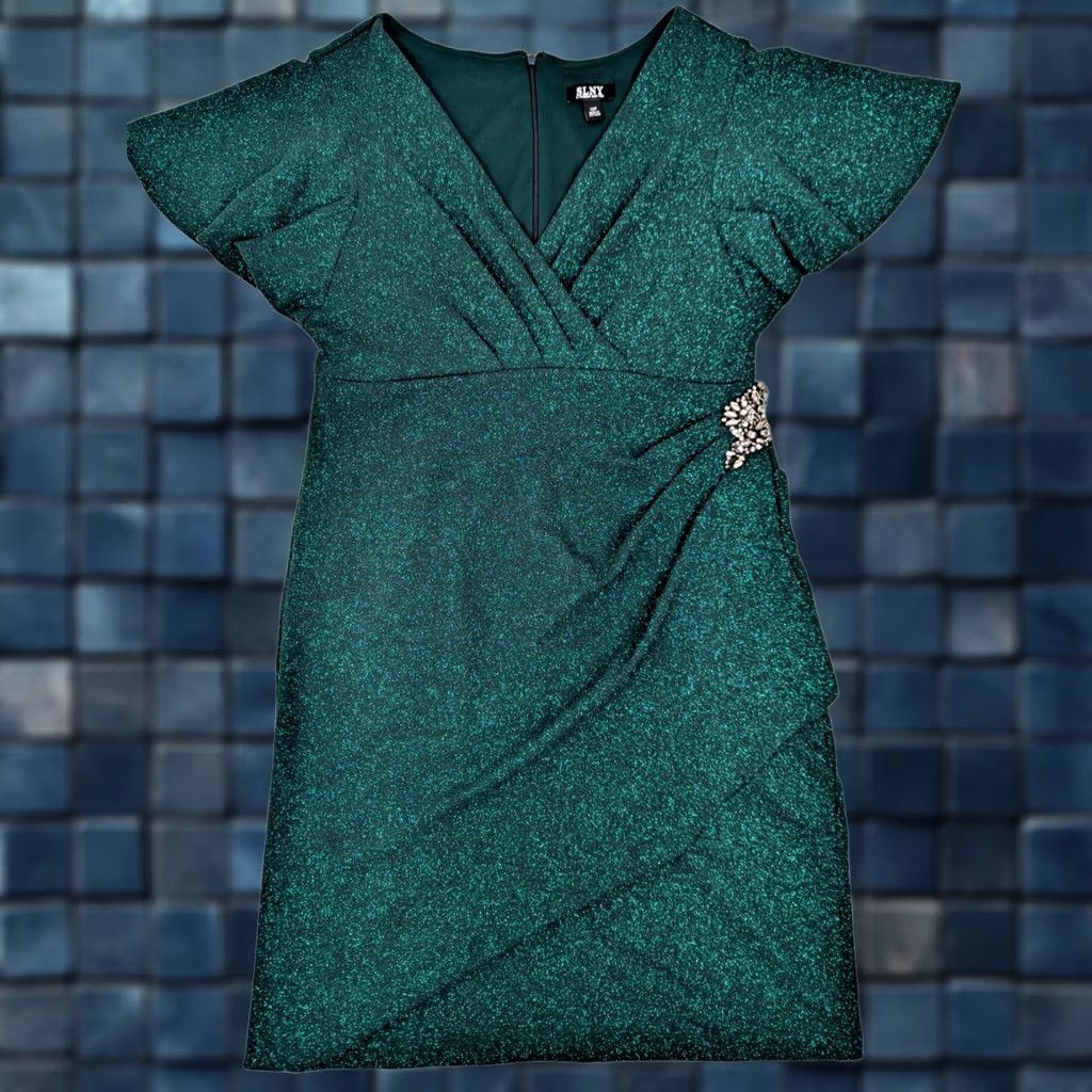 Vintage SLNY Green Glitter Metallic Sheath Dress Women 12P Surplice VNeck Flutter Sleeve Short Sleeve Giftless Size XL / US 12-14 / IT 48-50 - 1 Thumbnail