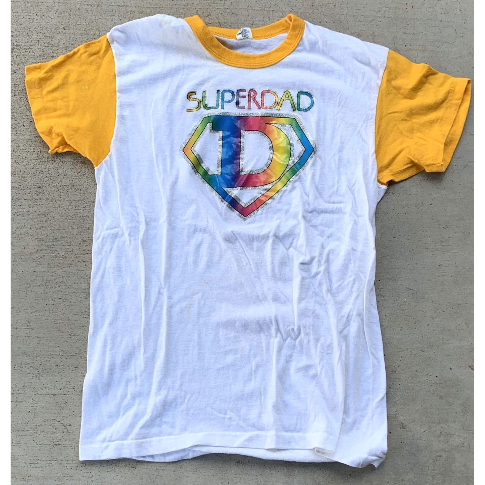 Hanes VINTAGE Hanes Iron On Tee Shirt Rainbow SUPERDAD Yellow Sleeves Ringer Neck 70s L Mens Size US L / EU 52-54 / 3 - 7 Thumbnail