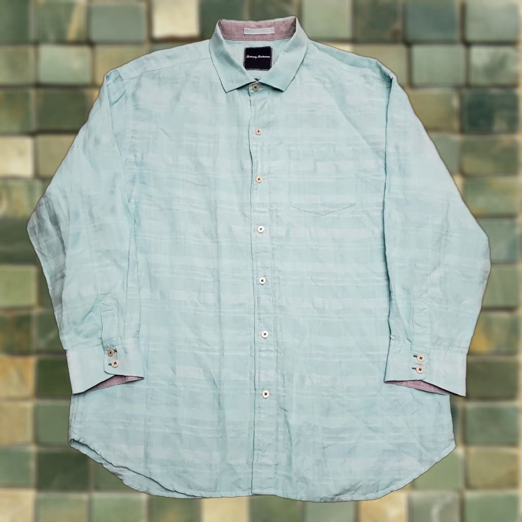 Tommy Bahama VINTAGE Tommy Bahama Shirt Mens XL Aqua Texture Mono Plaid Linen Blend Casual Size US XL / EU 56 / 4 - 1 Thumbnail