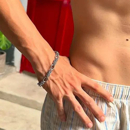 Jewelry Silver Textured Chain Link Men's Bracelet Size ONE SIZE - 7 Thumbnail