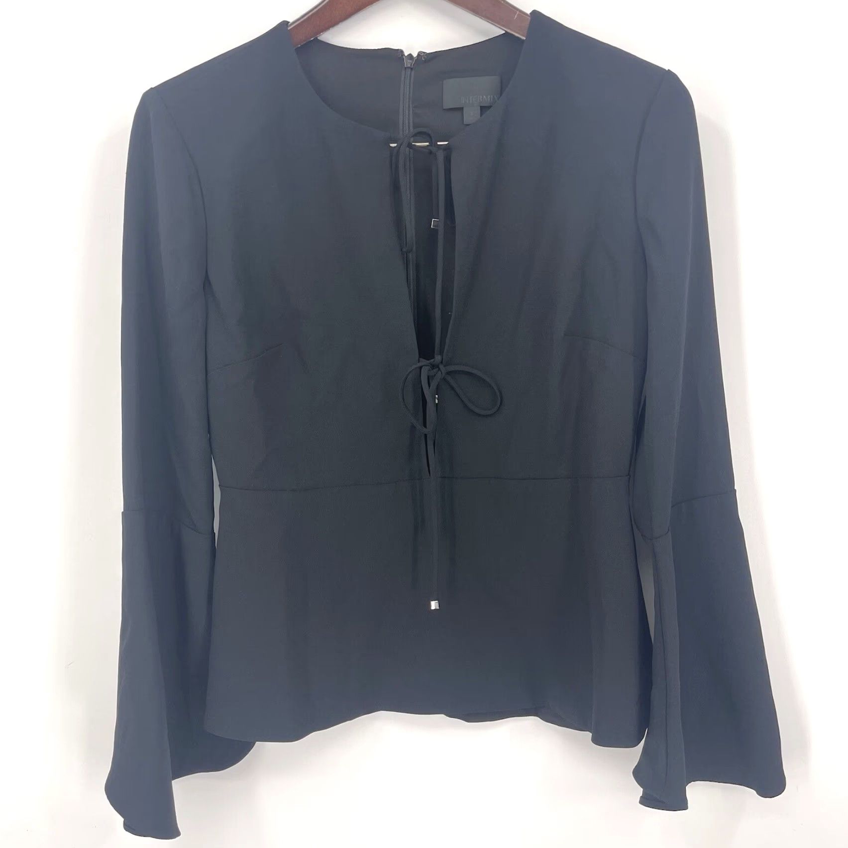 Bell INTERMIX Blouse Women Small Black Plunge Neck Tie Bell Sleeve V-Neck Tie Front Bell Flare Sleeves Size S / US 4 / IT 40 - 2 Thumbnail