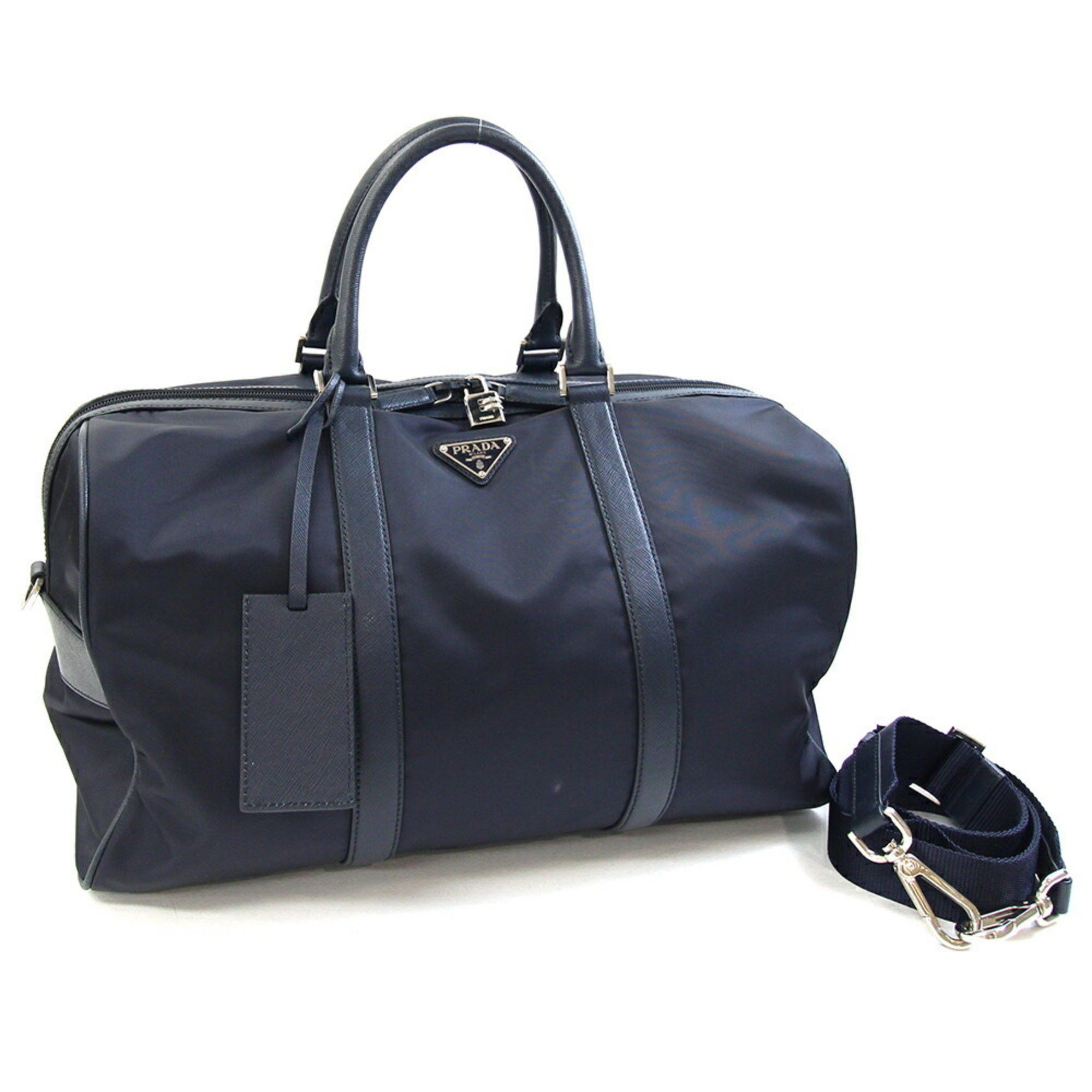 Prada Boston Bag 2Vc014 Navy Nylon Leather Shoulder For Women And Men Prada in Blue