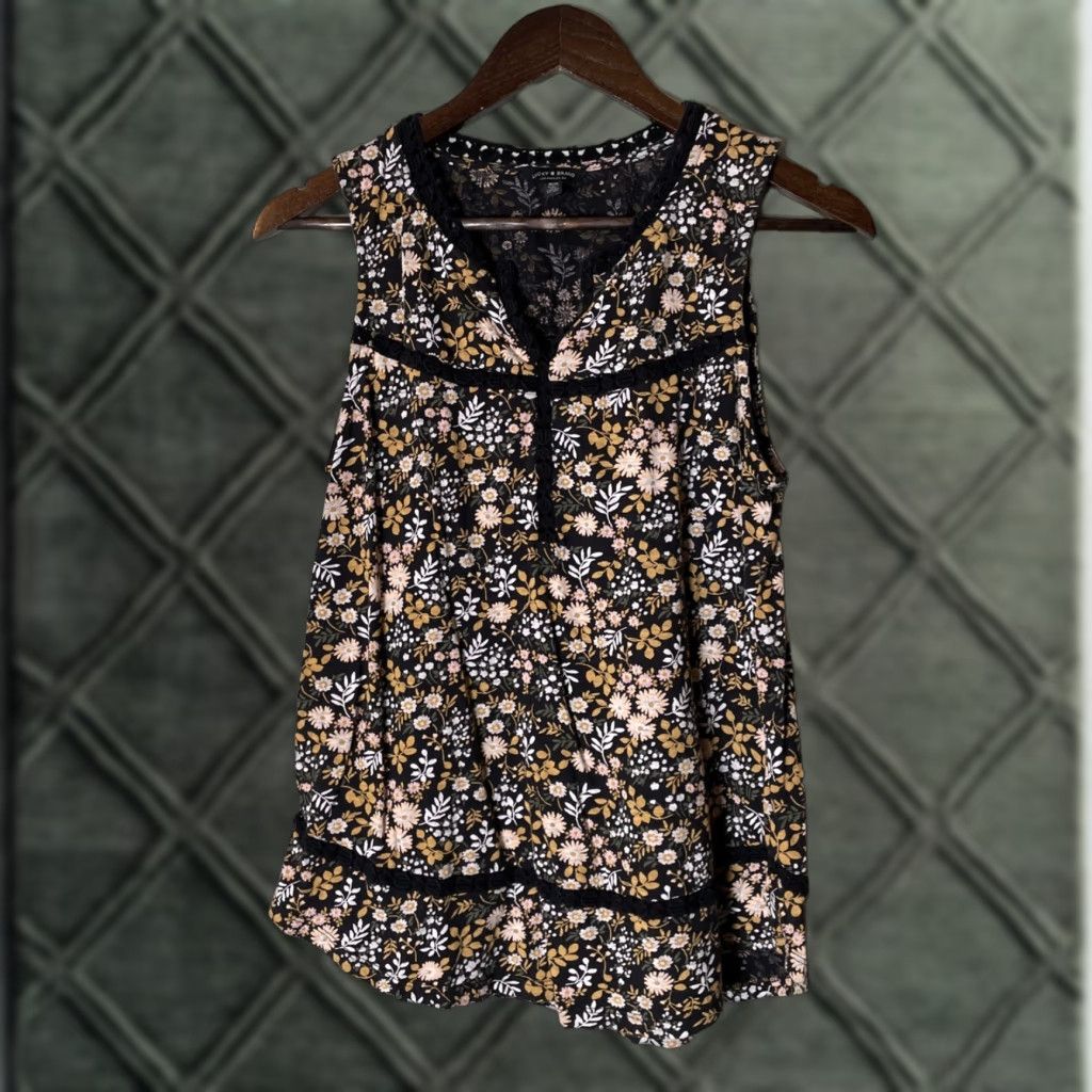 Lucky Brand Lucky Brand Tank M Black Yellow Floral Print Sleeveless Boho Crochet Embroidered Dainty Knit Shirt Women Size M / US 6-8 / IT 42-44 - 1 Thumbnail