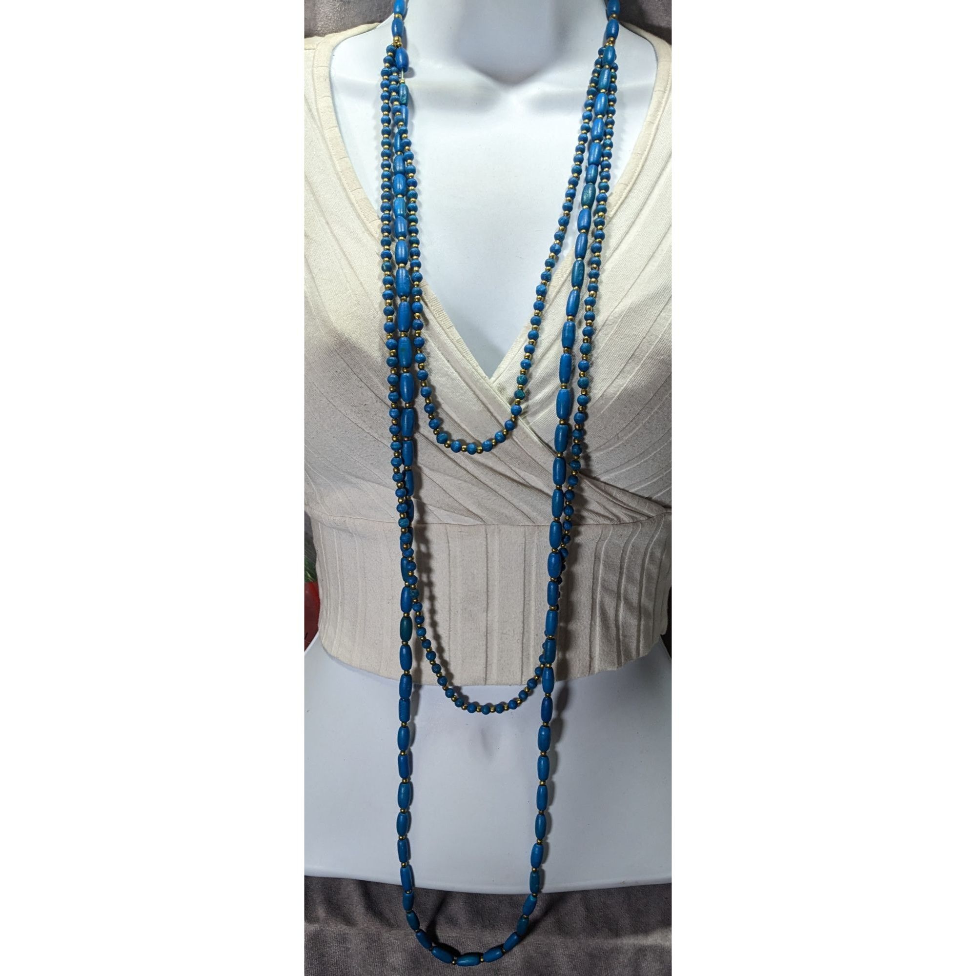 Other Vintage Dyed Blue Wood Bead Gold Spacer Multi Strand Bohemia Size ONE SIZE - 2 Thumbnail