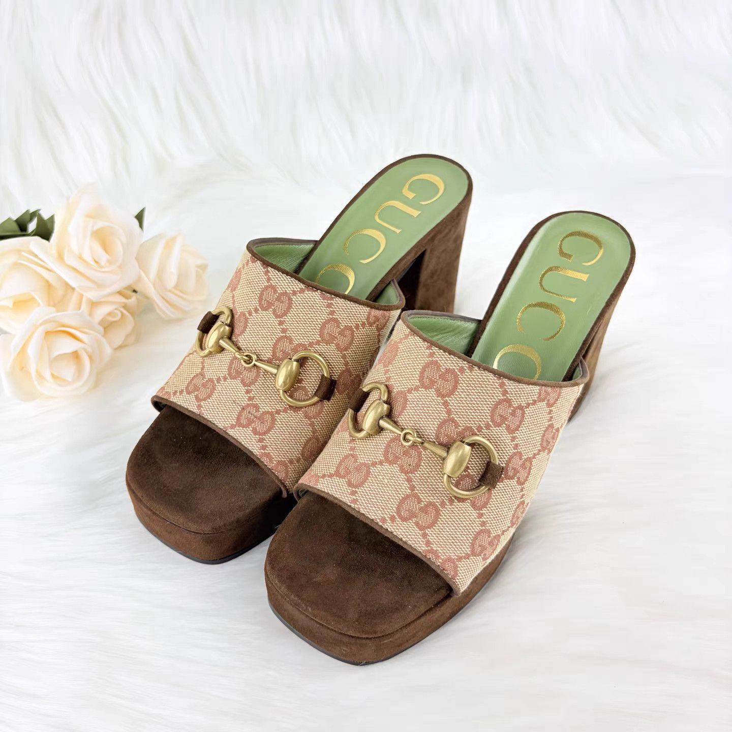 Gucci Gucci GG Monogram Horsebit Block Heel Sandals K15 Size US 6 / IT 36 - 1 Thumbnail
