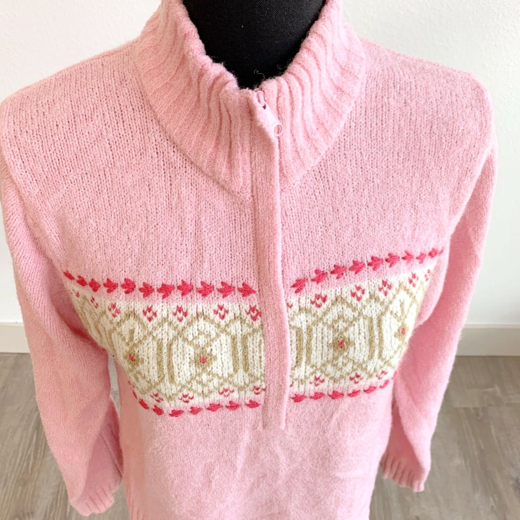 Vintage VINTAGE Columbia Quarter Zip Fair Isle Pink Wool Blend Sweater Womens Medium Size M / US 6-8 / IT 42-44 - 2 Thumbnail