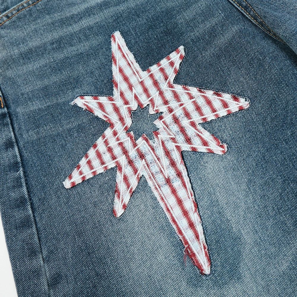 Japanese Brand × Jean Men's washed loose star patch decorated scimitar jeans Size US 32 / EU 48 - 6 Thumbnail