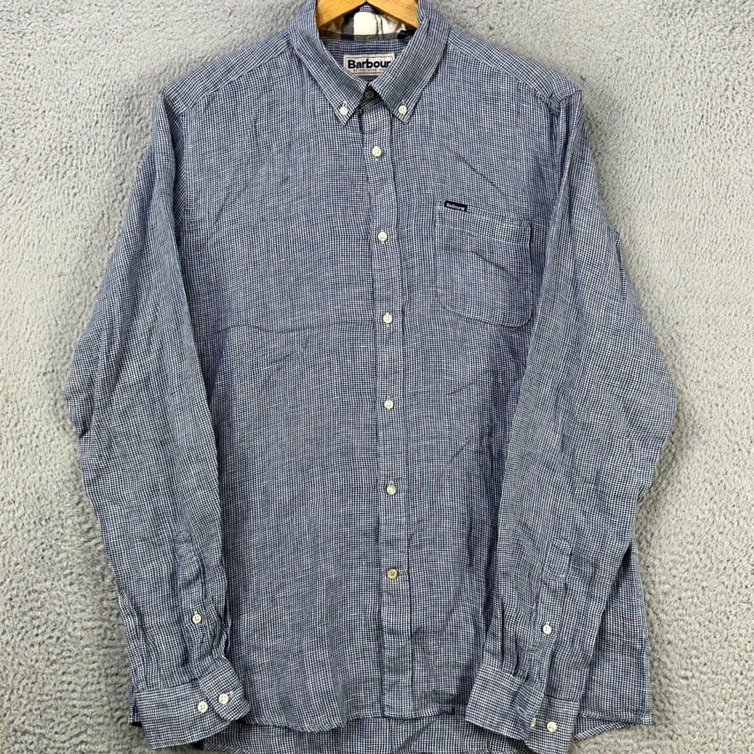 Barbour Barbour Mens Button-Down Linen Shirt Medium Blue Houndstooth Plaid Flip Cuff Shirt Size US M / EU 48-50 / 2 - 2 Thumbnail