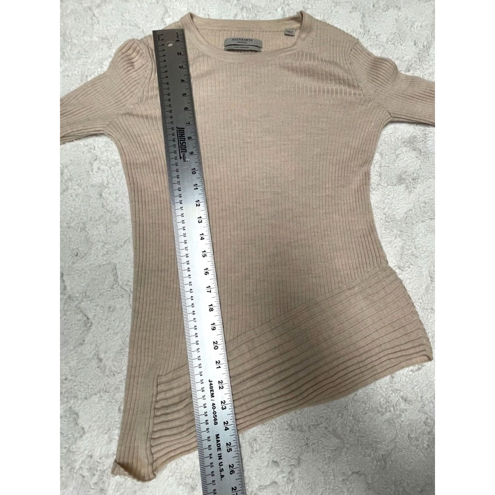 Allsaints Allsaints Keld Crew Neck Ribbed Merino Wool Asymmetric Sweater Tan Medium Women’s Knit Long Sleeve Slim Pullover Size M / US 6-8 / IT 42-44 - 8 Thumbnail