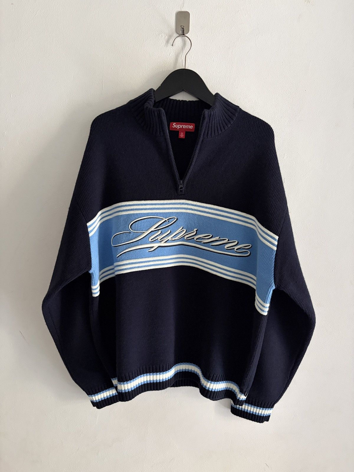 Supreme Supreme Script Stripe Half Zip Sweater - Red | Grailed