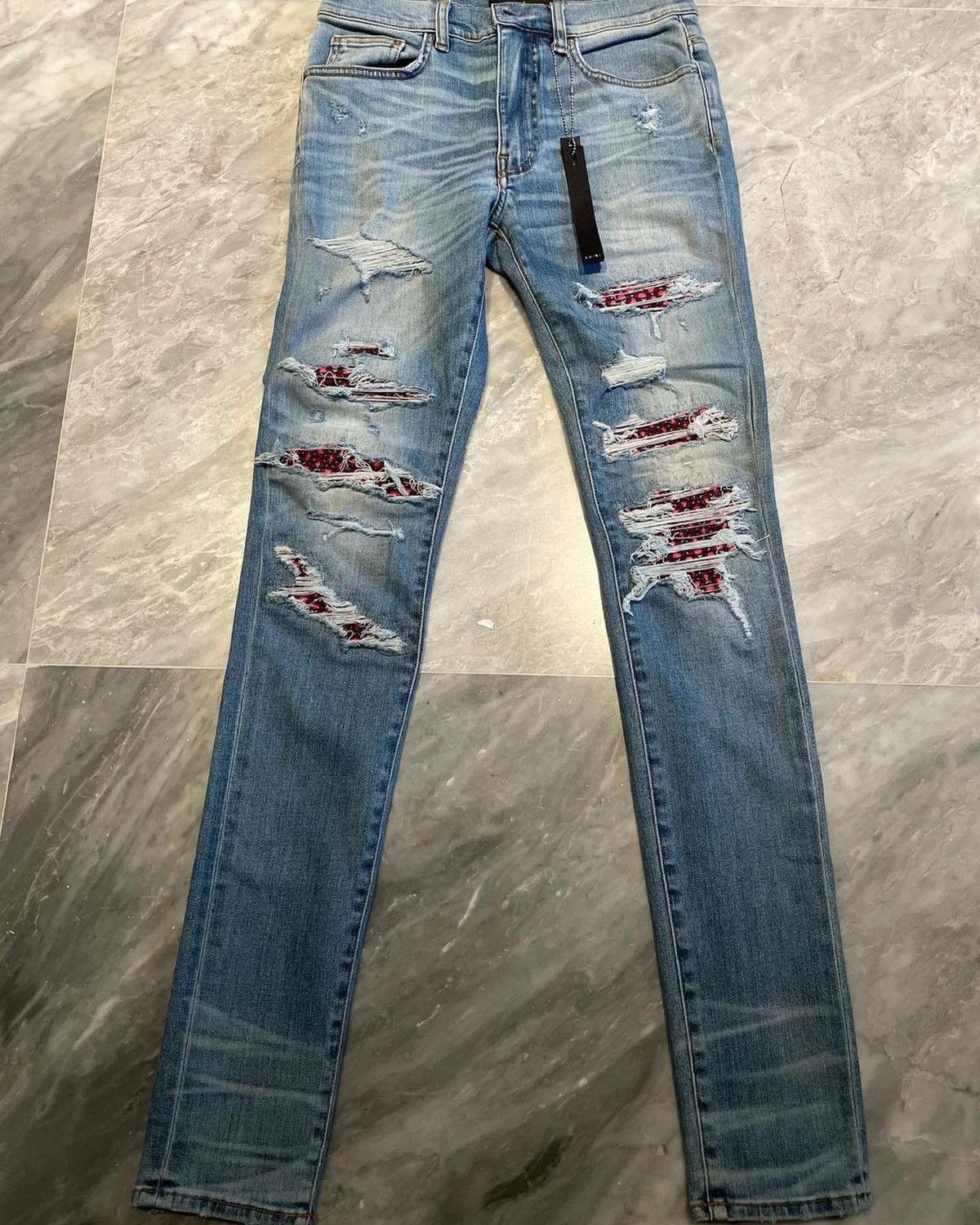 image of Amiri Indigo Red Pleated Thrash Jeans in Blue, Men's (Size 31)