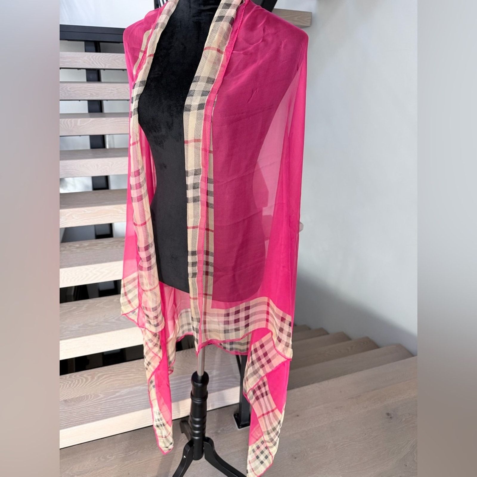 Other Pink Boho Vintage Sheer Scarf Cover up with Plaid Trim 67*42 Size ONE SIZE - 2 Thumbnail