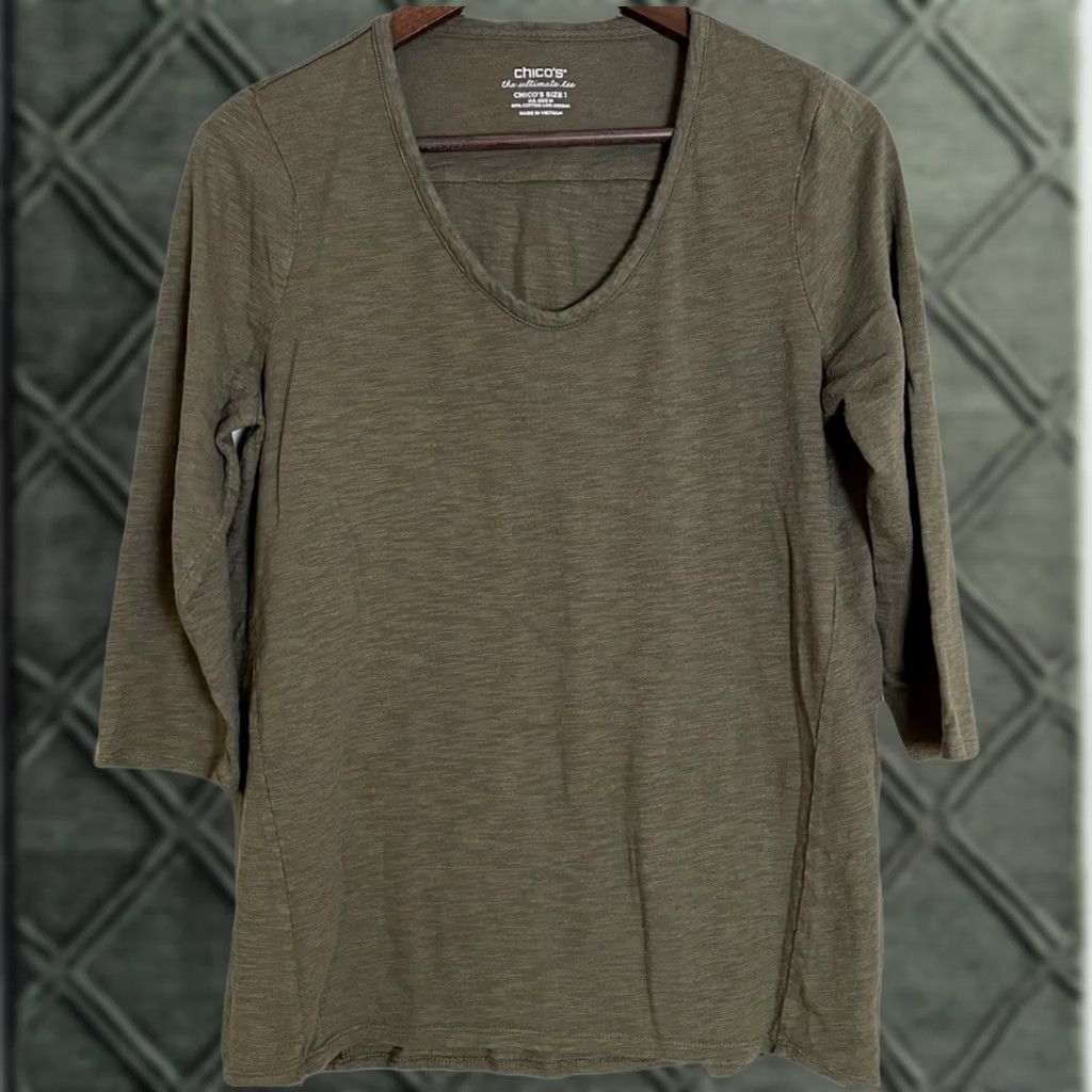 Vintage Chico's Tee Top Blouse Woman M Cotton Slub 3/4 Sleeve Olive Green Casual Shirt Size M / US 6-8 / IT 42-44 - 1 Thumbnail